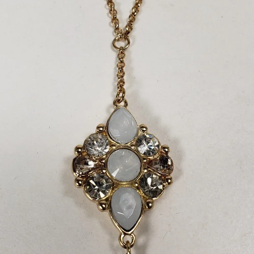 Vintage Gold Chain Necklace with 4 Rings & Pearl Crystal Pendant -  Bracelet